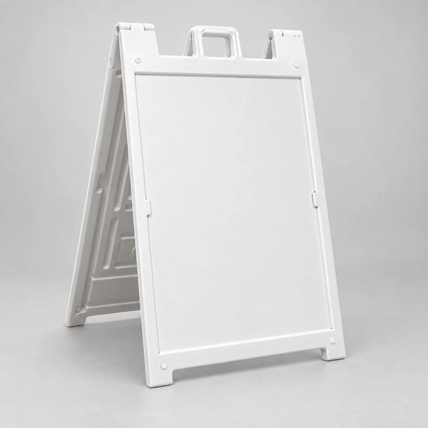 White Signicade Deluxe A-frame with a molded handle and blank recessed sign area