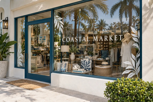 White custom window lettering on a South Florida retail storefront