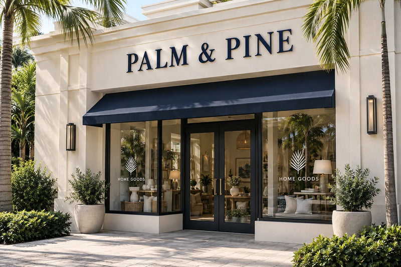 Illustrative PALM and PINE storefront with exterior sign and complementary window lettering