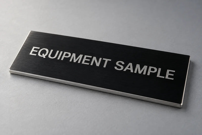 Engraved black anodized aluminum identification plate reading EQUIPMENT SAMPLE