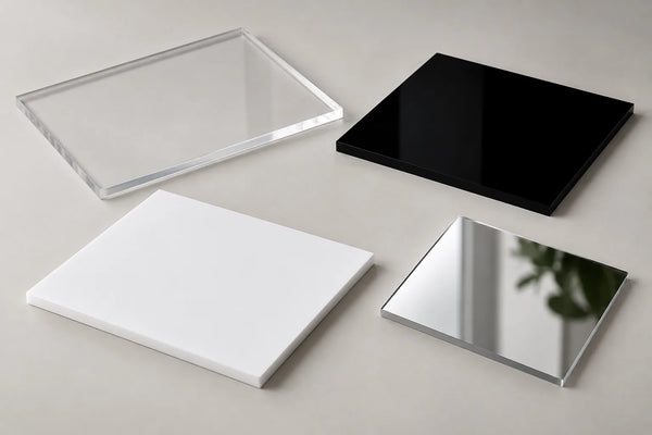 Clear, black, white and mirror acrylic samples in a premium material composition