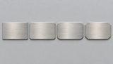Four blank brushed aluminum plates showing the corner options: square, small radius, large radius and clipped
