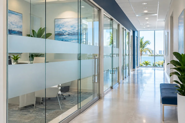 Frosted privacy vinyl bands applied to glass in a bright medical office