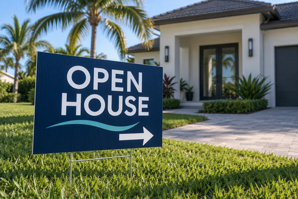 Corrugated plastic Open House sign on an H-wire stand