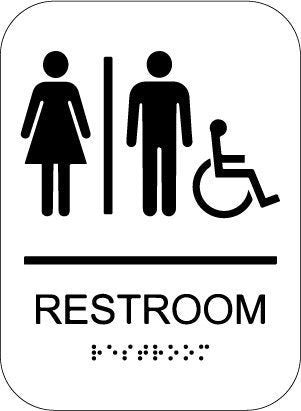 ADA Engraved Sign - Bathroom Men/Women/Handicapped - White Background / Black Letters